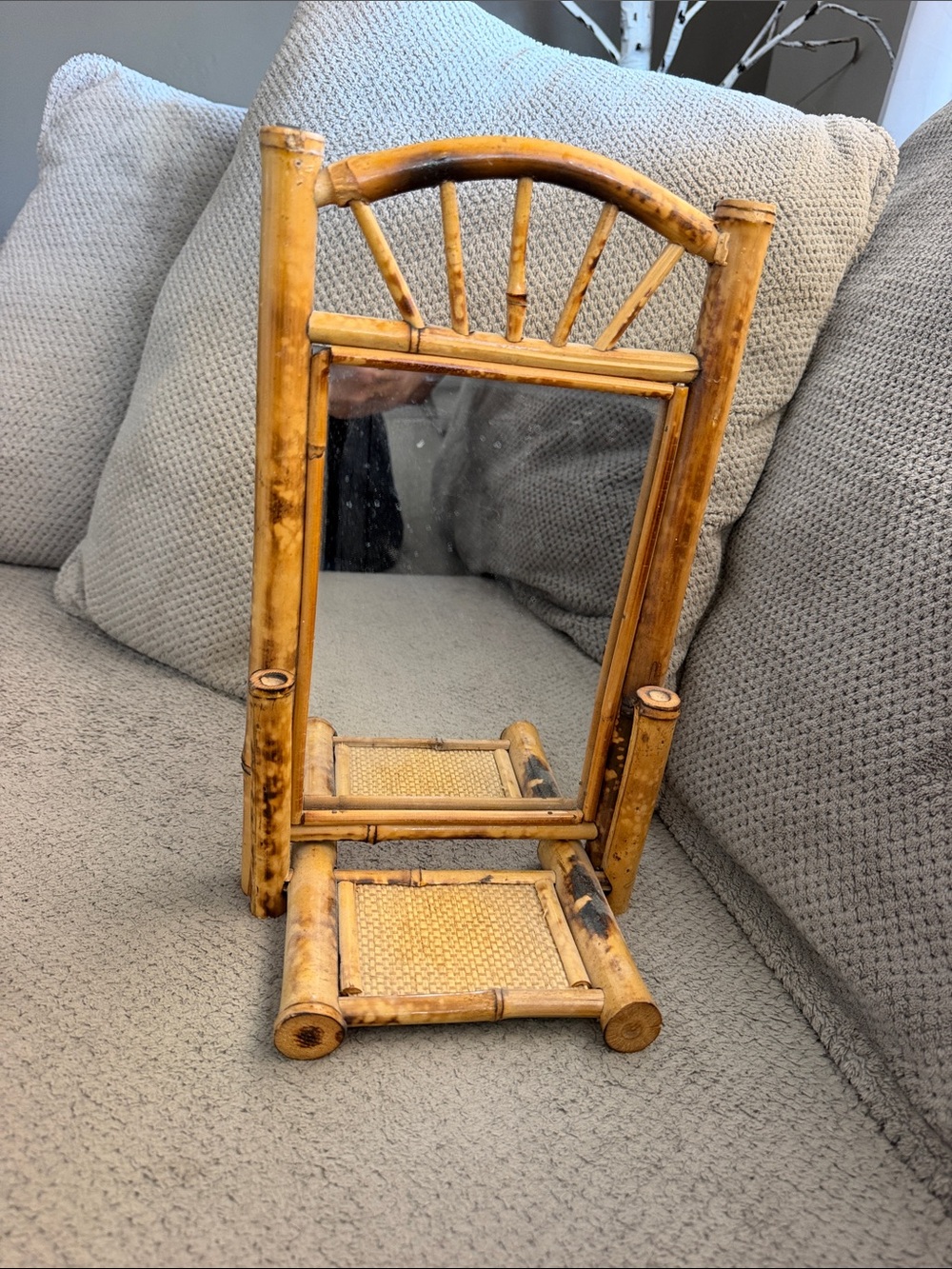 Vintage Bamboo Folding Vanity Mirror in Natural Brown
